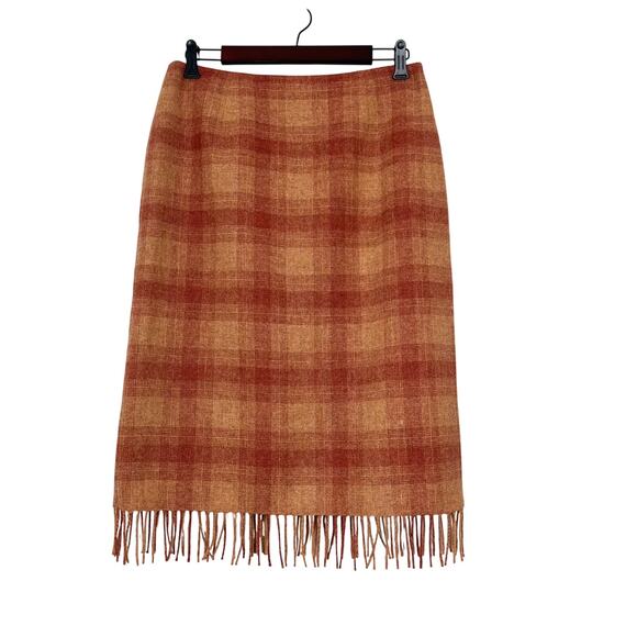 David Brooks Wool Blend‎ Plaid Fringed Skirt Sz 10 Light Burnt Orange Lined Slit - Picture 1 of 10
